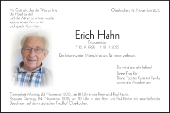Traueranzeige von Erich Hahn von Schwäbische Post