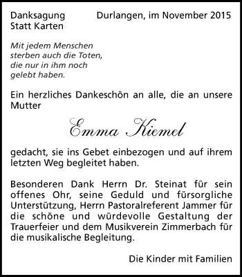 Traueranzeige von Emma Kiemel von Gmünder Tagespost