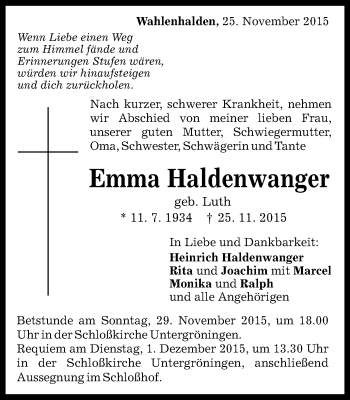 Traueranzeige von Emma Haldenwanger von Gmünder Tagespost