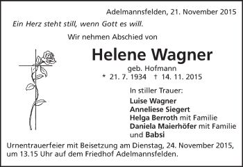 Traueranzeige von Helene Wagner von Schwäbische Post