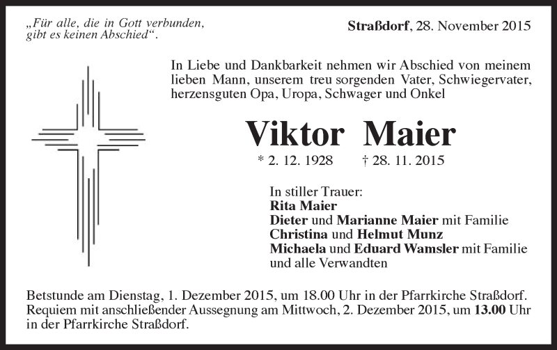  Traueranzeige für Viktor Maier vom 30.11.2015 aus Gmünder Tagespost