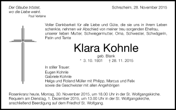 Traueranzeige von Klara Kohnle von Schwäbische Post