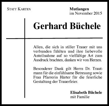 Traueranzeige von Gerhard Büchele von Gmünder Tagespost