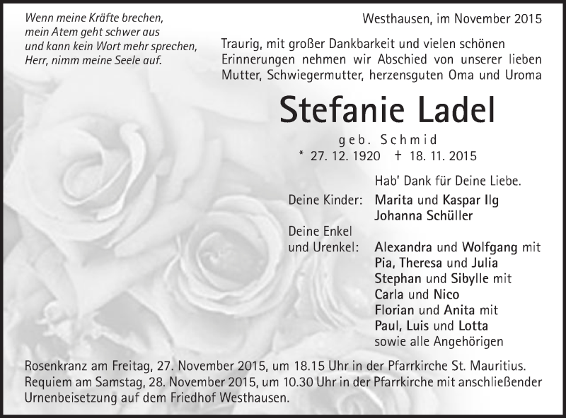  Traueranzeige für Stefanie Ladel vom 25.11.2015 aus Schwäbische Post