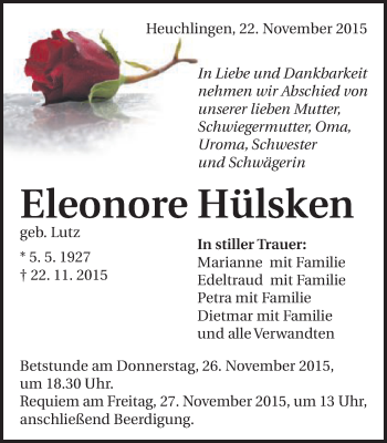 Traueranzeige von Eleonore Hülsken von Gmünder Tagespost