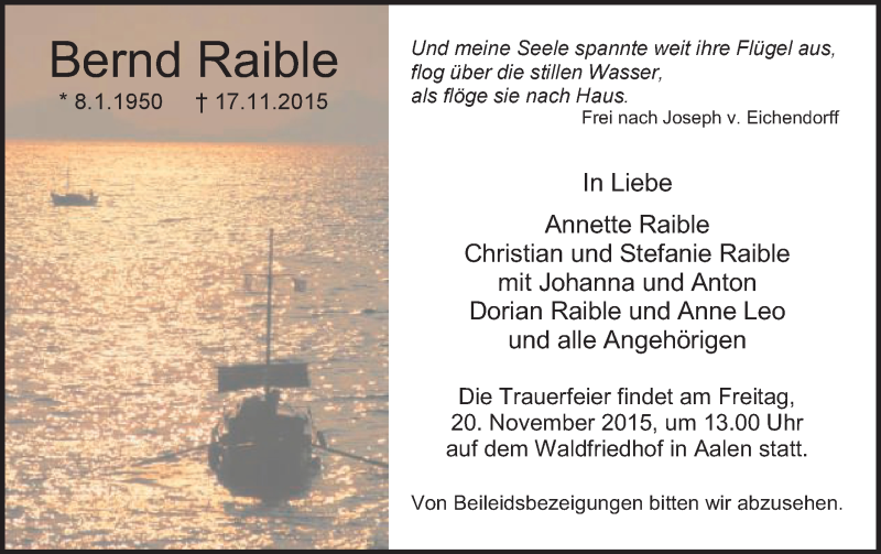 Traueranzeige für Bernd Raible vom 19.11.2015 aus Schwäbische Post