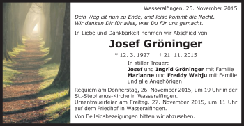Traueranzeige von Josef Gröninger von Schwäbische Post