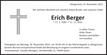 Traueranzeige von Erich Berger von Schwäbische Post