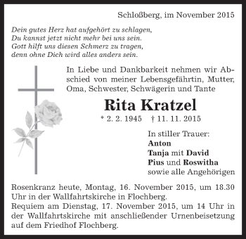 Traueranzeige von Rita Kratzel von Schwäbische Post