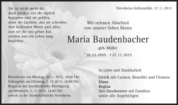 Traueranzeige von Maria Baudenbacher von Schwäbische Post