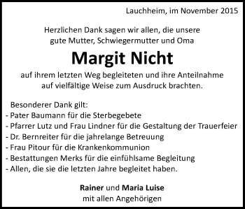 Traueranzeige von Margit Nicht von Schwäbische Post