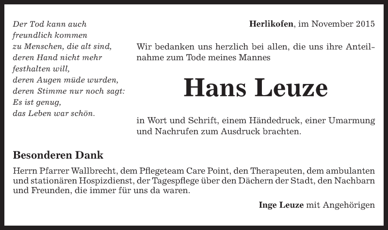  Traueranzeige für Hans Leuze vom 14.11.2015 aus Gmünder Tagespost