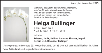Traueranzeige von Helga Bullinger von Schwäbische Post