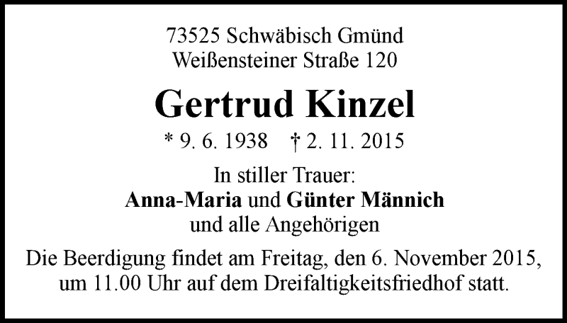  Traueranzeige für Gertrud Kinzel vom 05.11.2015 aus Gmünder Tagespost