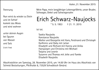 Traueranzeige von Erich Schwarz-Naujocks von Schwäbische Post