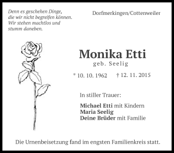 Traueranzeige von Monika Etti von Schwäbische Post