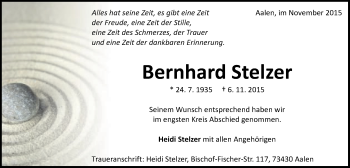 Traueranzeige von Bernhard Stelzer von Schwäbische Post