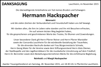 Traueranzeige von Hermann Hackspacher von Schwäbische Post