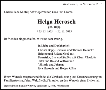 Traueranzeige von Helga Herosch von Schwäbische Post