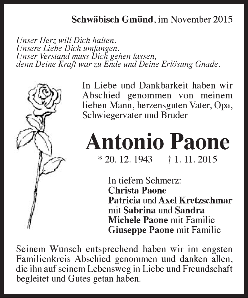  Traueranzeige für Antonio Paone vom 05.11.2015 aus Gmünder Tagespost
