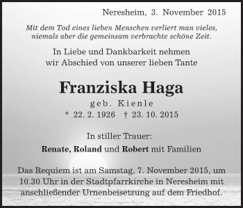 Traueranzeige von Franziska Haga von Schwäbische Post