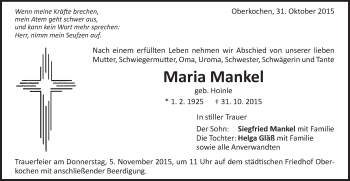 Traueranzeige von Maria Mankel von Schwäbische Post