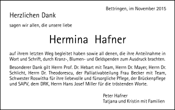 Traueranzeige von Hermina Hafner von Gmünder Tagespost