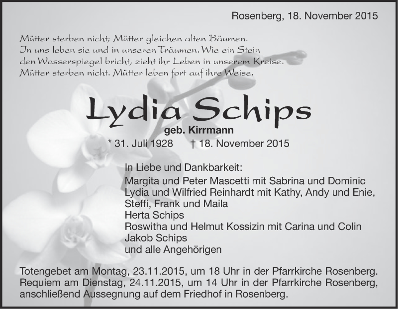  Traueranzeige für Lydia Schips vom 20.11.2015 aus Schwäbische Post