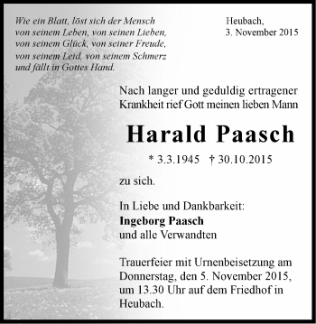 Traueranzeige von Harald Paasch von Gmünder Tagespost