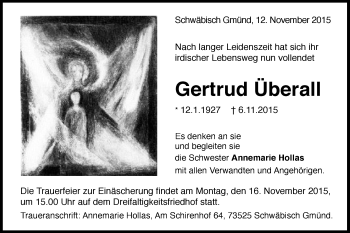 Traueranzeige von Gertrud Überall von Gmünder Tagespost