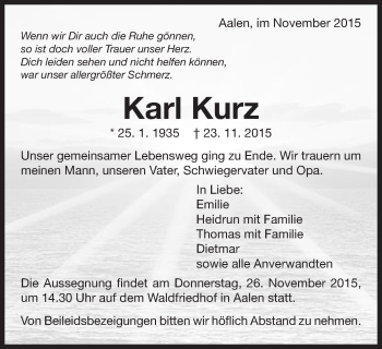 Traueranzeige von Karl Kurz von Schwäbische Post