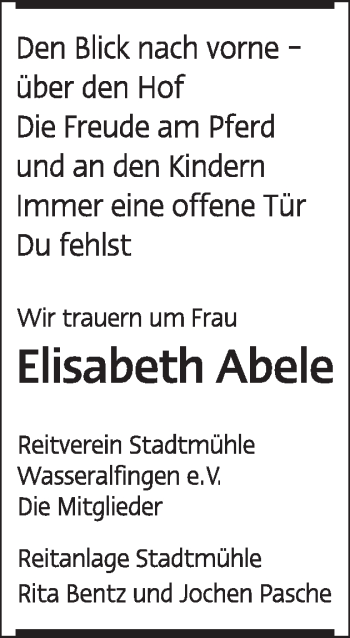 Traueranzeige von Elisabeth Abele von Schwäbische Post