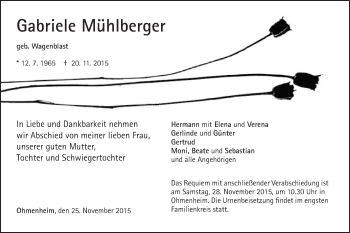 Traueranzeige von Gabriele Mühlberger von Schwäbische Post