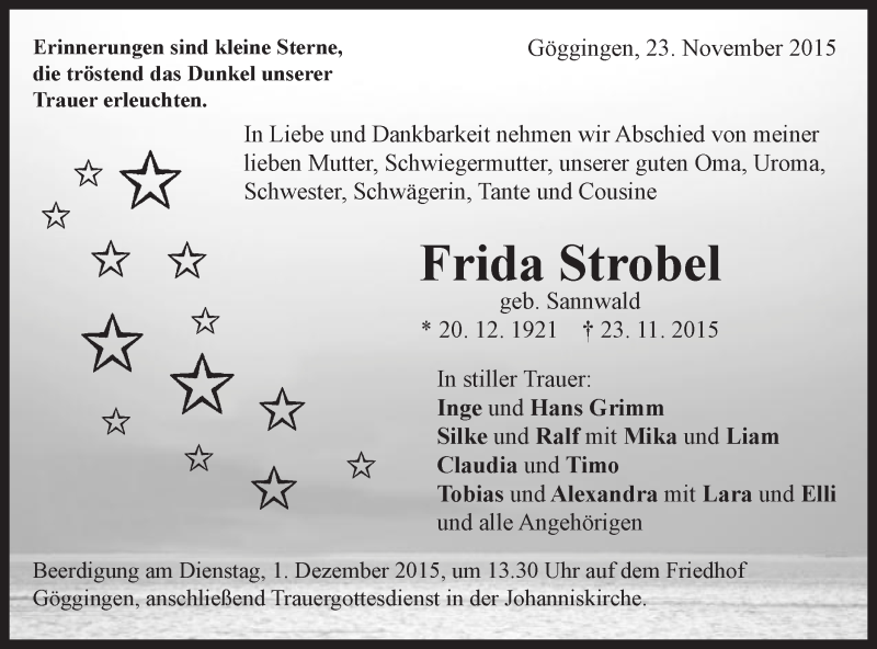  Traueranzeige für Frida Strobel vom 28.11.2015 aus Gmünder Tagespost