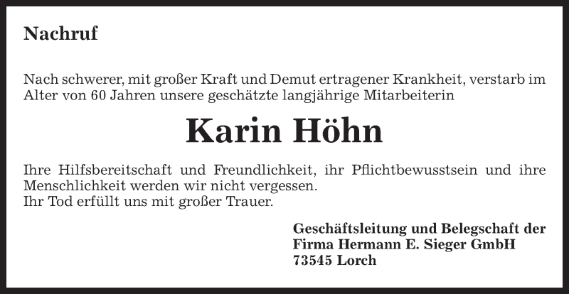  Traueranzeige für Karin Höhn vom 11.11.2015 aus Gmünder Tagespost