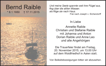 Traueranzeige von Bernd Raible von Schwäbische Post