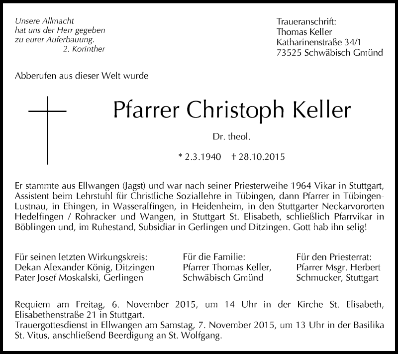  Traueranzeige für Christoph Keller vom 02.11.2015 aus Schwäbische Post