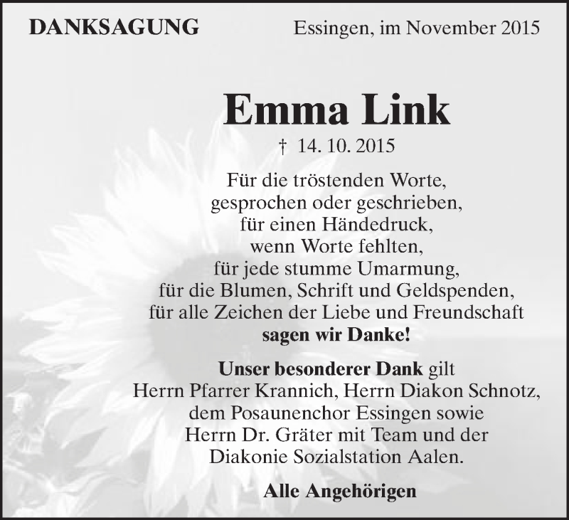  Traueranzeige für Emma Link vom 13.11.2015 aus Schwäbische Post