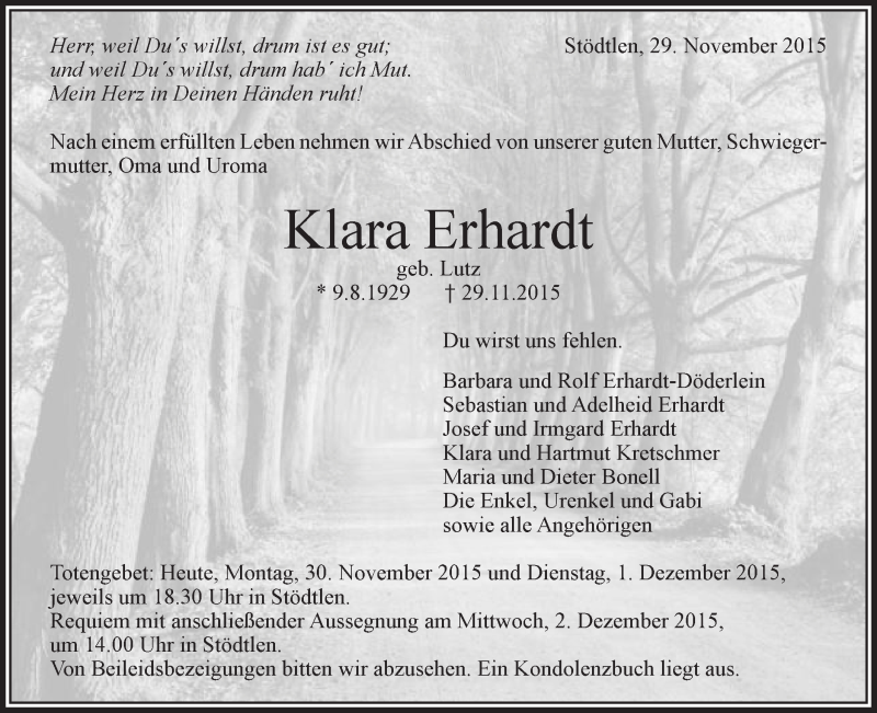  Traueranzeige für Klara Erhardt vom 30.11.2015 aus Schwäbische Post