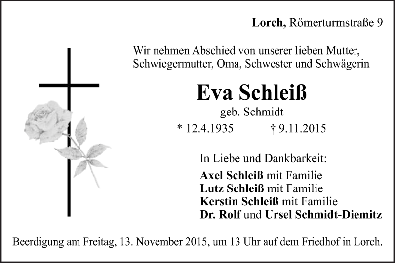  Traueranzeige für Eva Schleiß vom 11.11.2015 aus Gmünder Tagespost