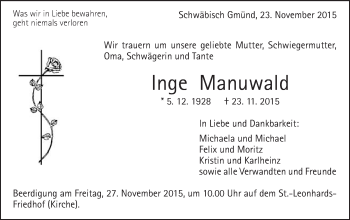 Traueranzeige von Inge Manuwald von Gmünder Tagespost
