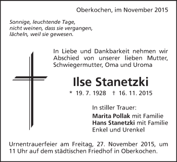 Traueranzeige von Ilse Stanetzki von Schwäbische Post