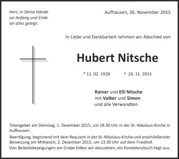 Traueranzeige von Hubert Nitsche von Schwäbische Post