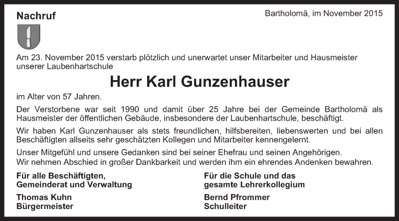  Traueranzeige für Karl Gunzenhauser vom 28.11.2015 aus Gmünder Tagespost