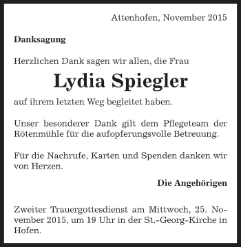 Traueranzeige von Lydia Spiegler von Schwäbische Post