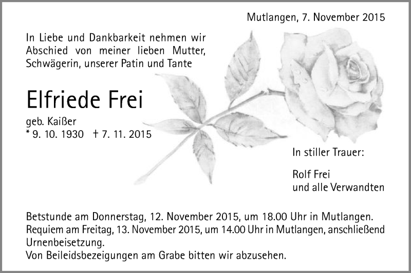  Traueranzeige für Elfriede Frei vom 10.11.2015 aus Gmünder Tagespost