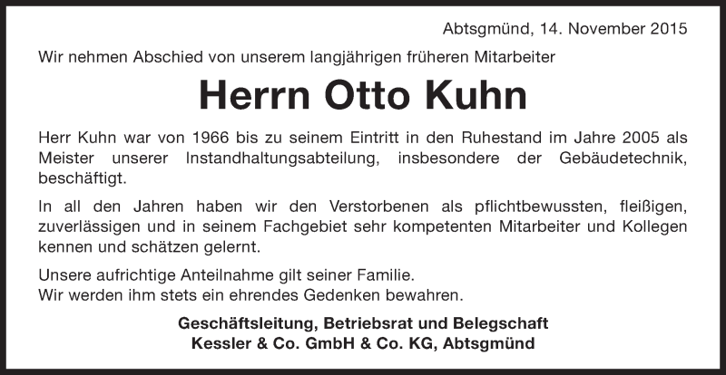  Traueranzeige für Otto Kuhn vom 14.11.2015 aus Schwäbische Post