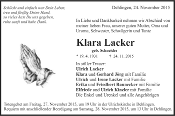 Traueranzeige von Klara Lacker von Schwäbische Post