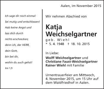 Traueranzeige von Katja Weichselgartner von Schwäbische Post