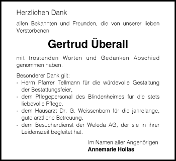 Traueranzeige von Gertrud Überall von Gmünder Tagespost